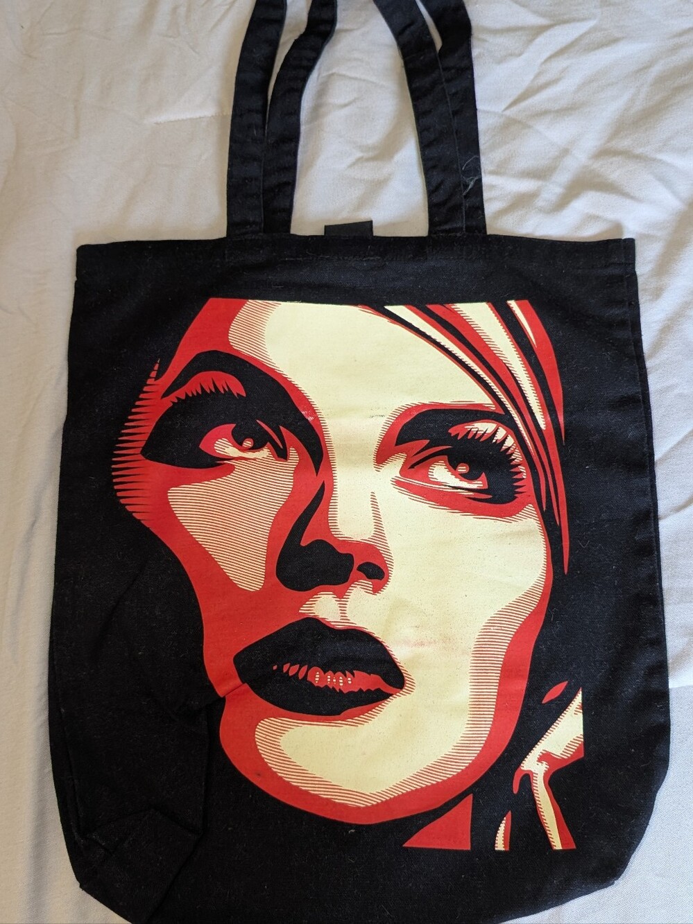 Black Canvas Tote Bag with Red & Cream Pop Art Face
